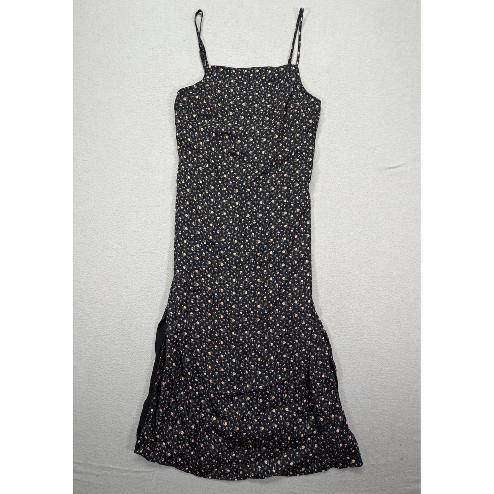 American Eagle Women Dress Regular Black Floral Ditsy Midi Slit M